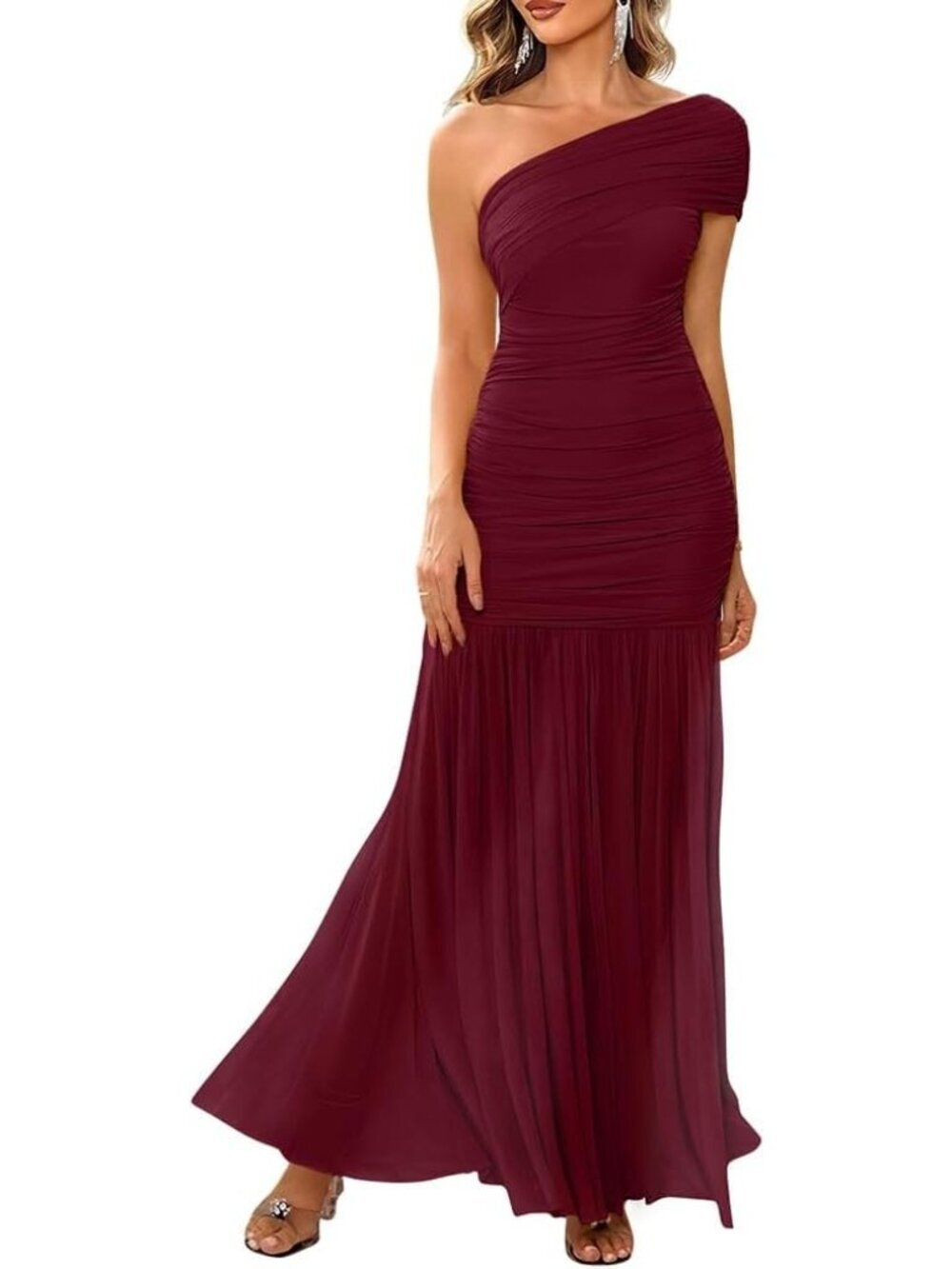 Women's Winered Elegant Formal One Shoulder Sleeveless Bodycon Maxi Long Dress